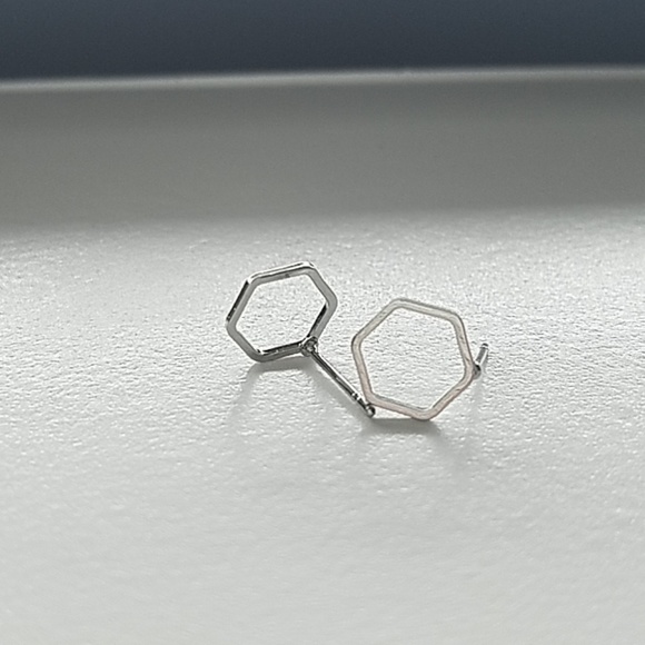 RESTOCKED! Minimalist Hexagon Silvertone Earrings - Picture 2 of 5